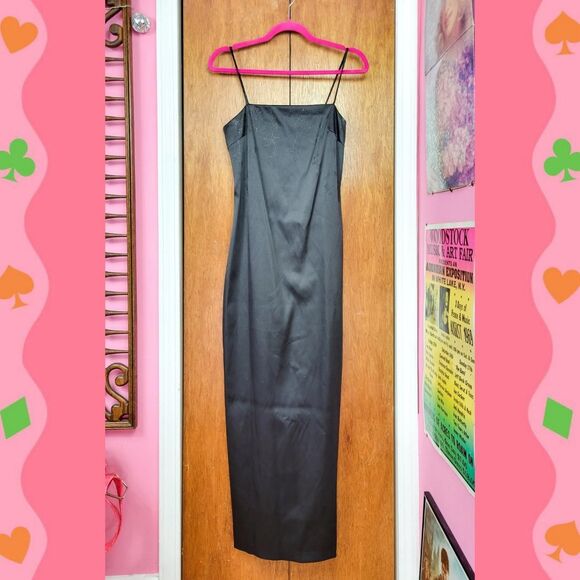 Vintage 90s Black Satin Glitter Floral Maxi Dress - Picture 5 of 7